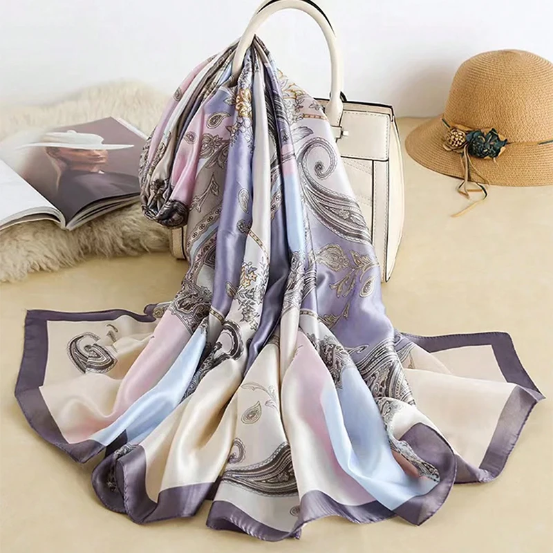 Fashion 180x90cm Satin Silk Scarf Women Luxury Large Shawl Wrap Muslim Hijab Headband Beach Stoles Female Bandana Foulard Turban