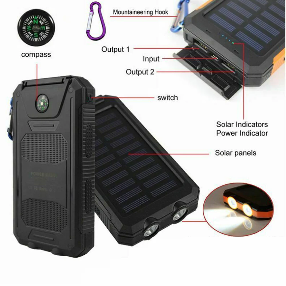 Banco de energía Solar de 80000mAh para exteriores, batería de repuesto impermeable, externa, doble USB, carga portátil con linterna LED