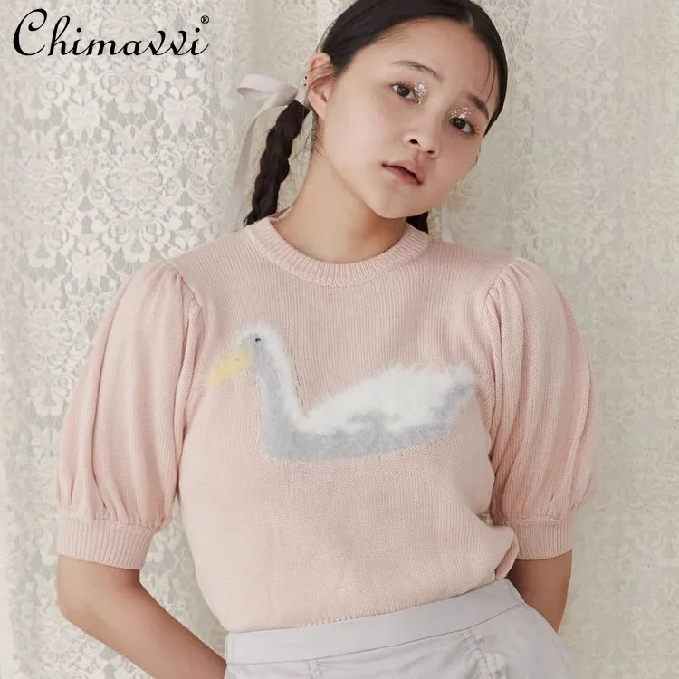 Japanese Cute 3D Furry Duckling Crew Neck Short-sleeved Knitted Sweater Spring and Summer New Fashion Slim Kawaii Short Top