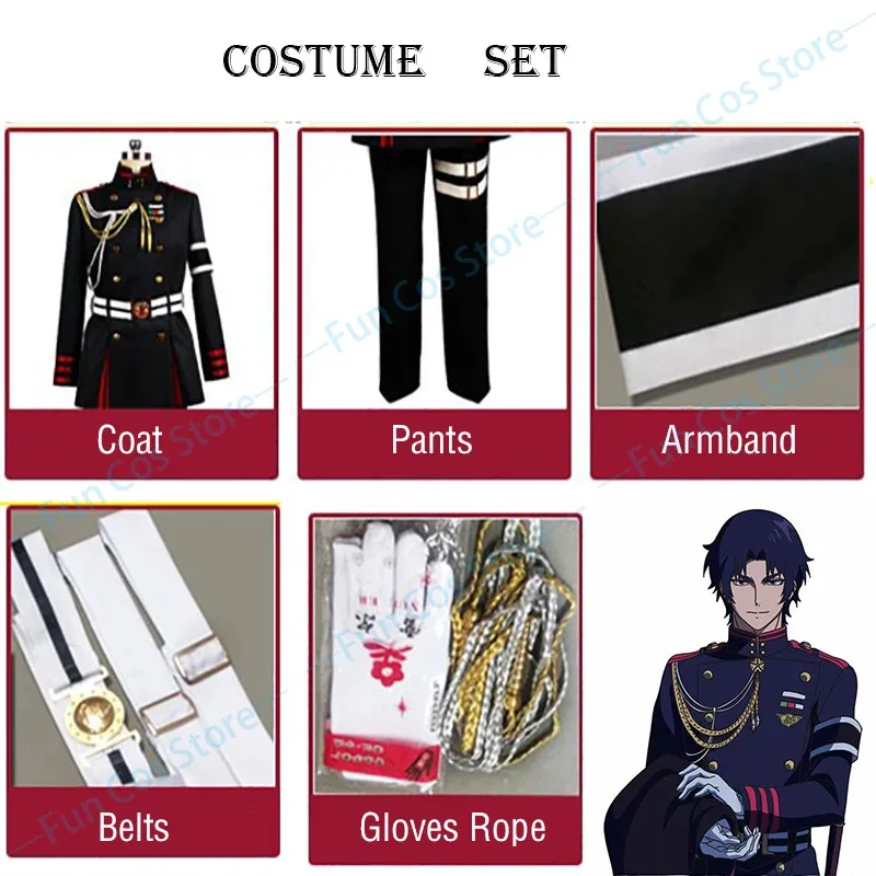 

az15Seraph of The End Guren Ichinose Cosplay Costume Wig Hiiragi Shinya Military Uniform Black Top Pants Gloves Belts Accessorie