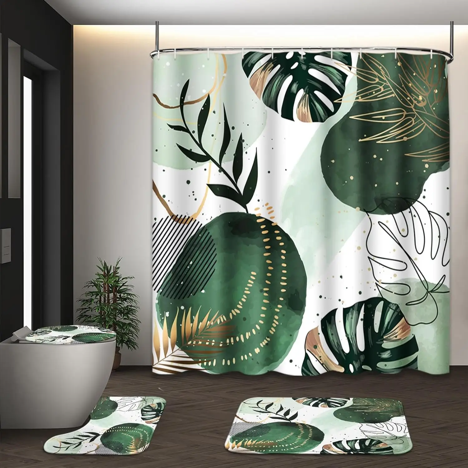 

Shower curtain suit with toilet lid and non-slipcarpet,plant abstract olive4 pieces bathroom modern shower curtain with 12 hooks