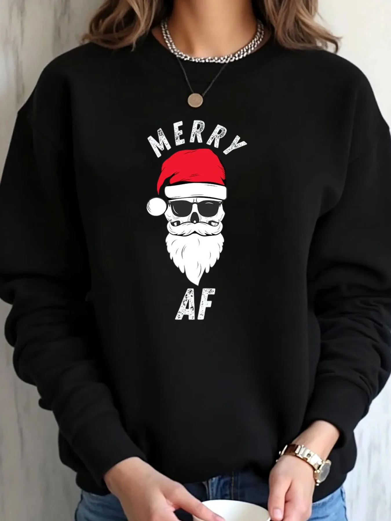

Женская толстовка большого размера с рождественским черепом Санта-Клауса Merry AF, верхняя одежда с принтом