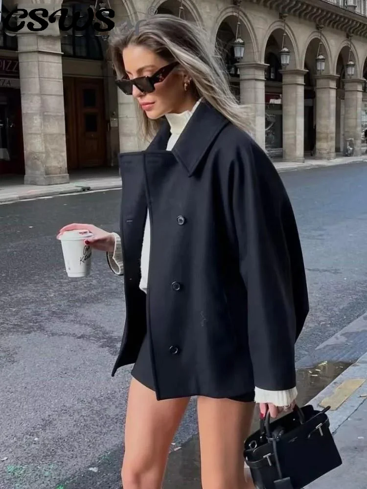 

Elegant Single Breasted Wool Jacket Women Burgundy Loose Lapel Long Sleeve Pocket Female Coat 2025 Autumn Solid Commute Outwear