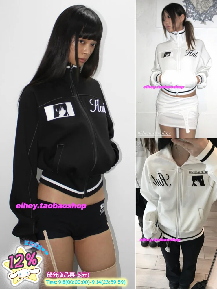 

Autumn New Girl Printed Striped Color Blocking Slim Fit Jackets for Women Korean Long-sleeved Sports Jacket Short Clothes Women