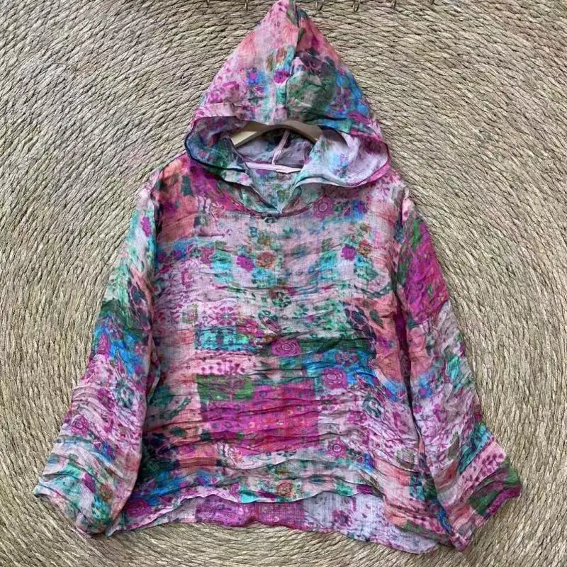 New Arrival Spring Summer Women Long Sleeve Loose Hooded Tshirt High Quality Vintage Floral Print Ramie Tee Shirt Femme Tops T61