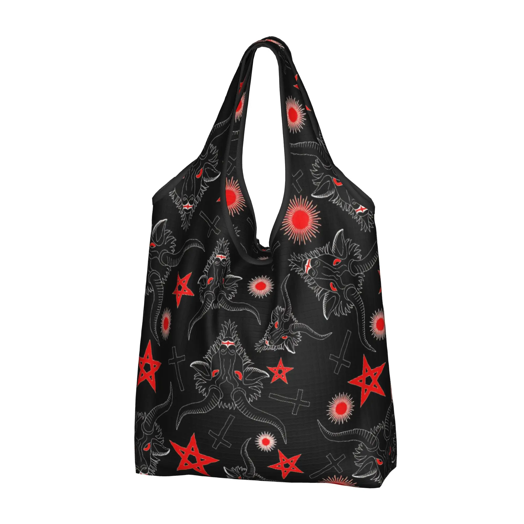 Baphomet Gothic Horror Satanic Pentagram Groceries Shopping Bags Custom Shopper Tote Shoulder Bags Demonic Horns Handbag