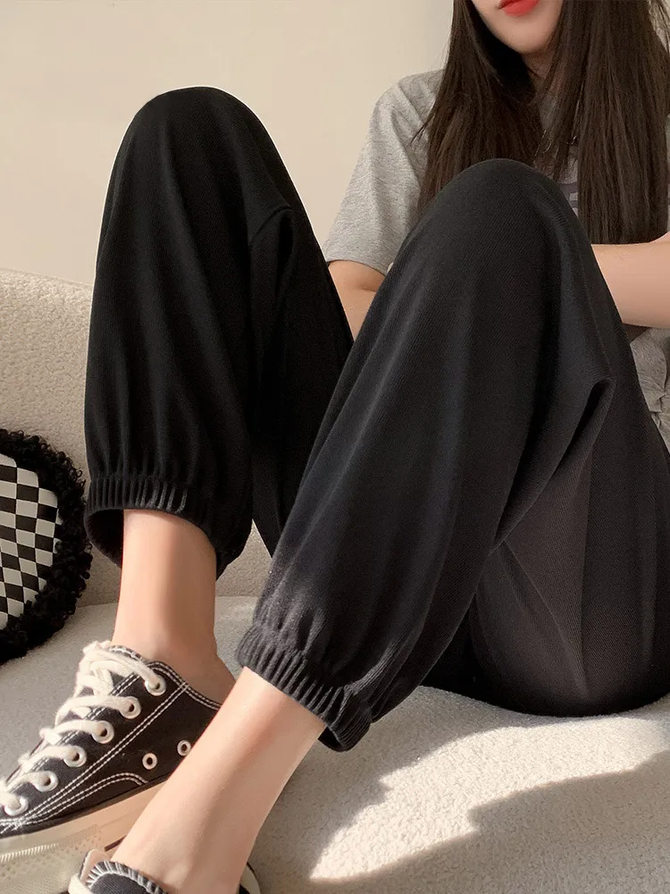 Pantaloni lanterna in seta di ghiaccio Pantaloni sportivi estivi sottili casual con risvolto allentato da donna Vita alta Miscela di poliestere e spandex a nove punti