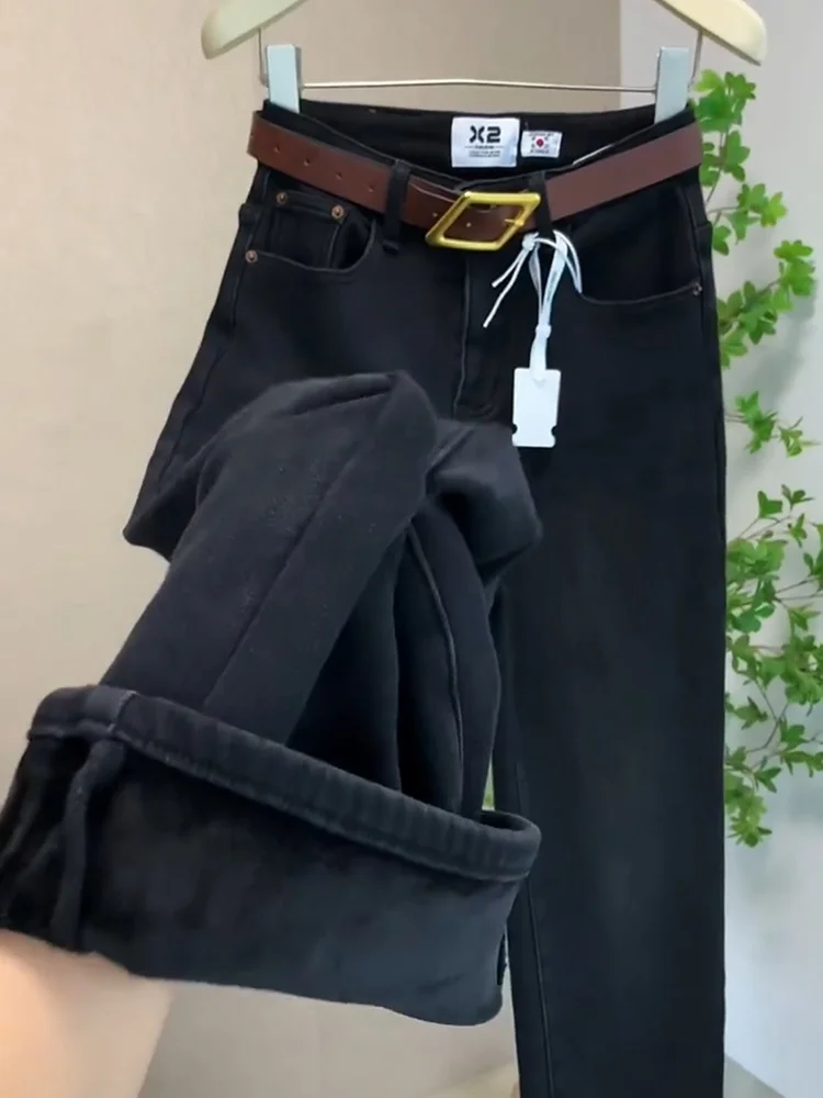 กางเกงยีนส์ทรงตรงขาตรงสำหรับผู้หญิง ฤดูใบไม้ร่วง ฤดูหนาว ไซส์ใหญ่ ผ้าหนา อุ่น ทรงสลิม ขากว้าง เอวสูง ปิดสะโพก