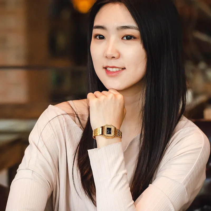 ساعة كاسيو أصلية للرجال، ساعة ذهبية صغيرة، ساعة مربعة عصرية، ساعات فضية صغيرة