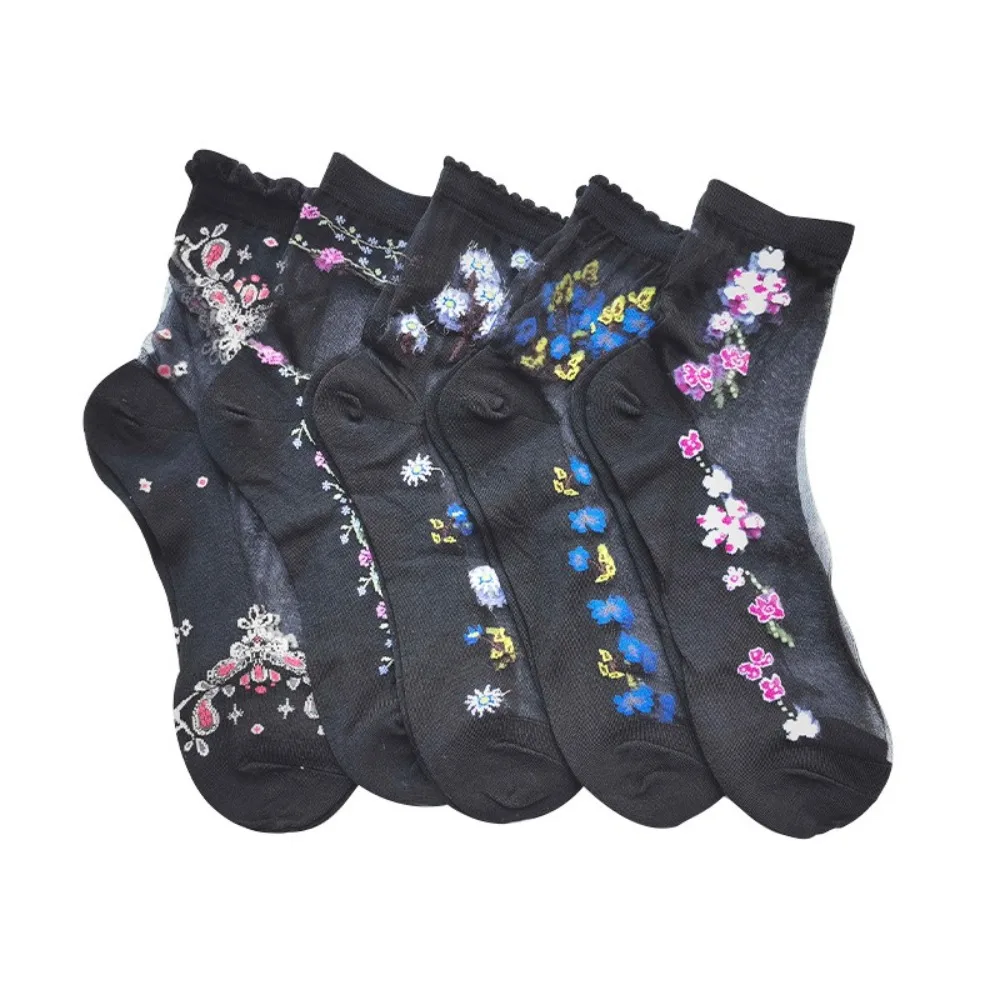 5 Pairs New Lace Ankle Sock Flower Embroidery Breathable Calf Socks Sexy Thin Hosiery Women
