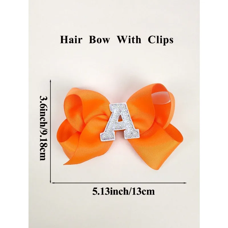 1PCS Custom Initial Letter Orange Bow Hair Clips For Girls, 5-Inch Pearl & AB Crystal Rhinestone Alphabet Barrette, Cheerleader