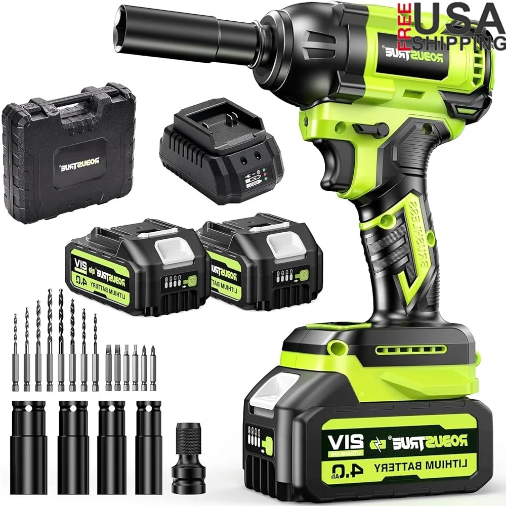

Cordless Impact Wrench 406ft-lbs 550Nm Brushless Motor 1/2 Inch 2800RPM High Torque 2x 4.0Ah Batteries Charger 4 Sockets