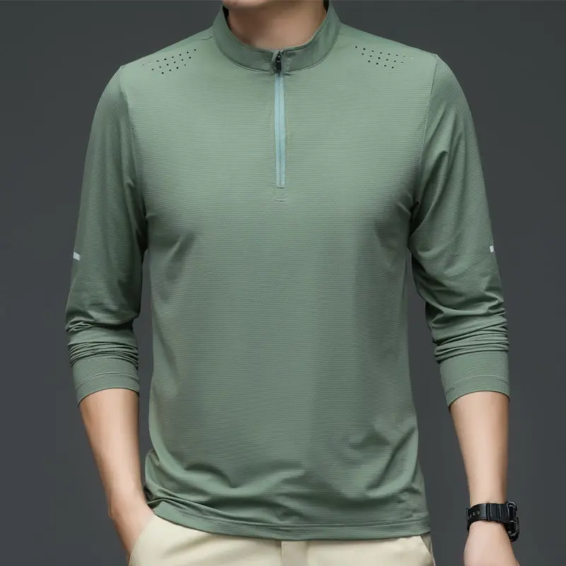 Summer Long Sleeve Ice Silk T-shirt Solid Half Zip Stand Collar Korean New Breathable Sweat Absorbing Sports Quick Dry Thin Tops