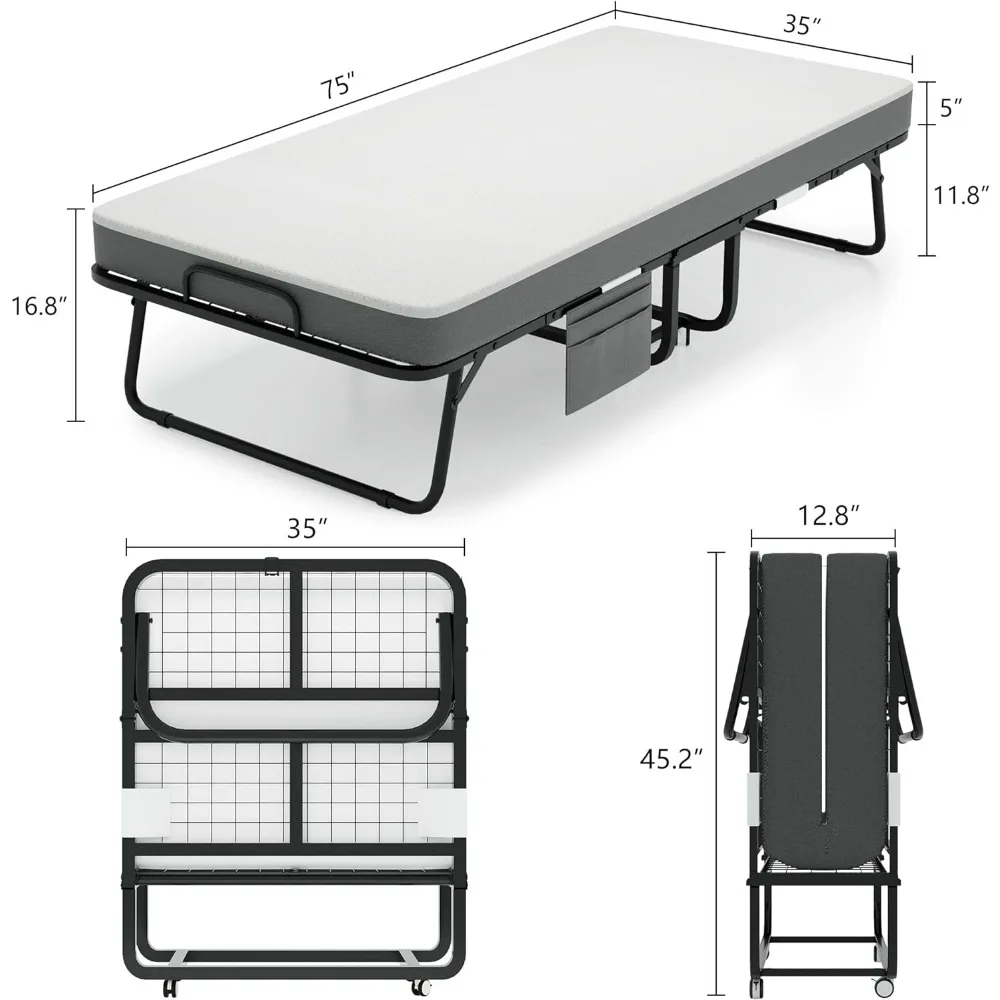 เตียงพับได้ขนาด75 "x 35" พร้อมที่นอน-เตียงแฝดโครงแข็งแรงแบบพกพาพับได้เตียงสำหรับผู้ใหญ่หนา5นิ้ว