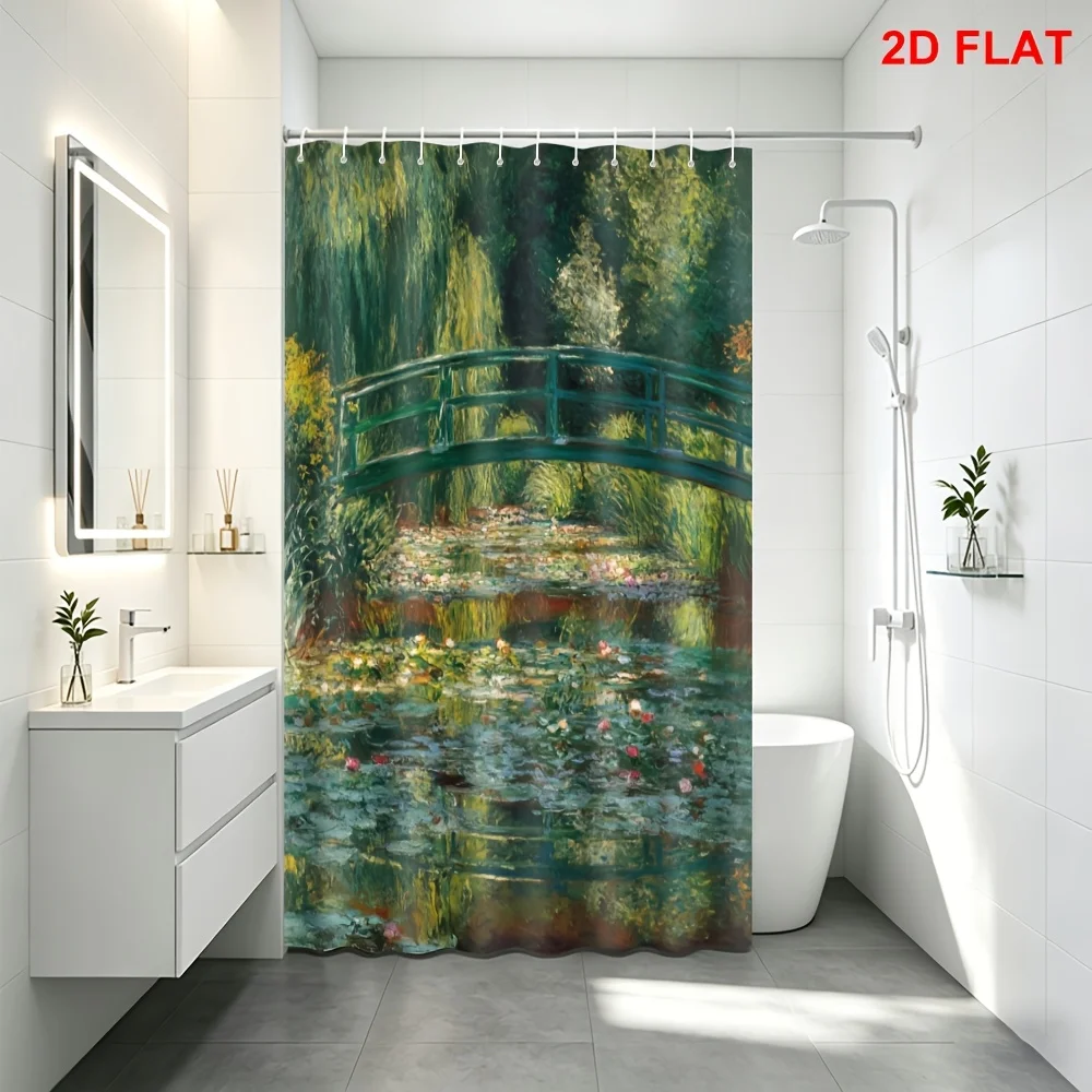 Waterproof Shower Curtain Liner Polyester Nature Pond Garden Scene Green Bridge Tropical Style Bathroom Home Decor Decoration