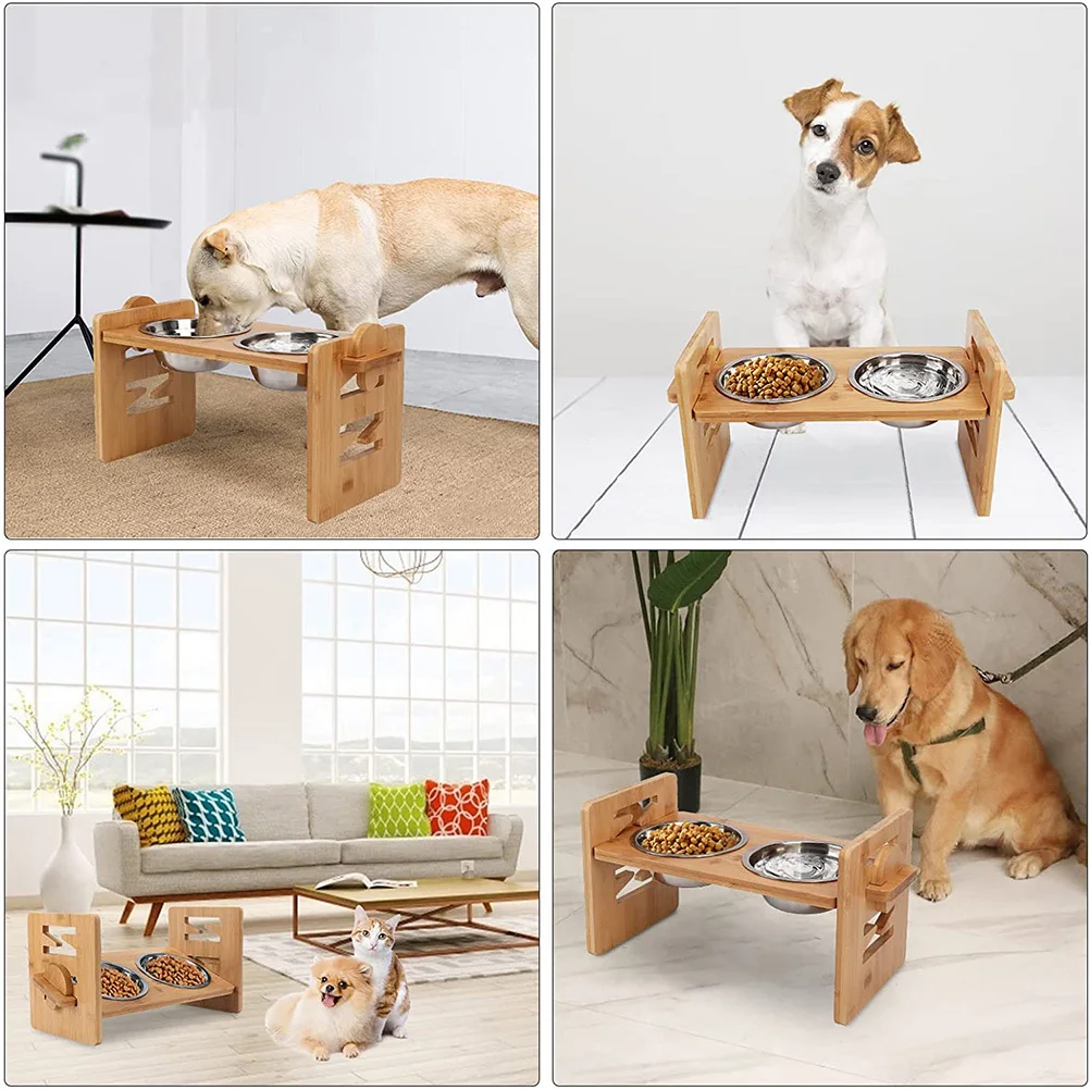 

1Set Bamboo Pet Bowl Stand Raised Feeder Holder Anti-Skid Dog Cat Food Rack Elevated Dining Accessory Dog Food Stand