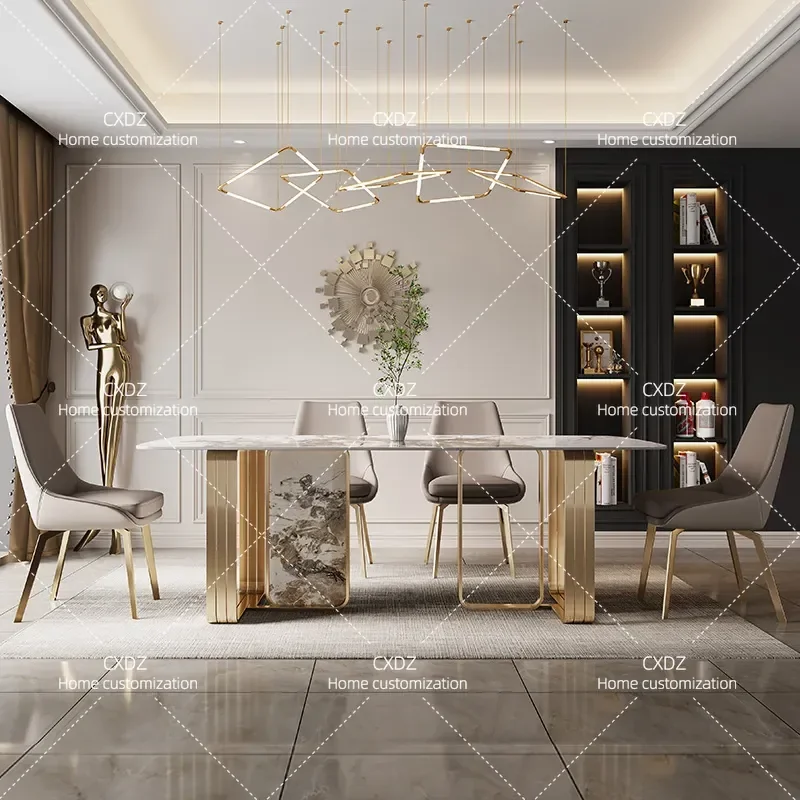 Modern Simple Rectangular Dining Table and Chair Set Light Luxury Rock Slab Design for Apartment Household Use