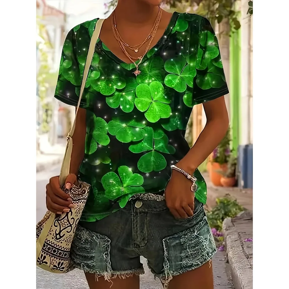 

Plus Size New Women's The popular four-leaf clover art print V-neck casual T-shirt Fashionable Casual Loose T-Shirt