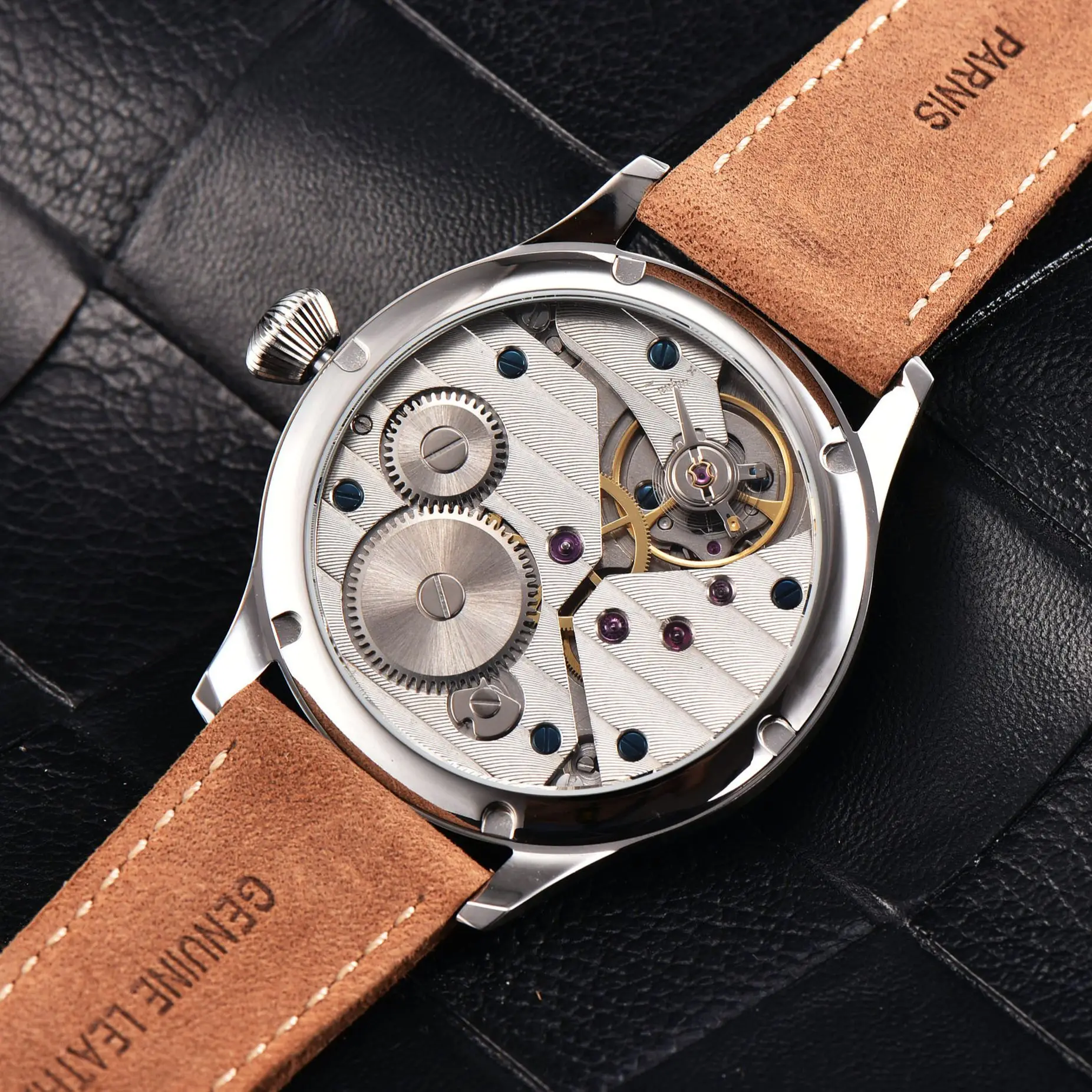Parnis 44mm Black Dial Mechanical Hand Winding Men\'s Watch Leather Strap 17 Jewels Watches With Box Gift Top Luxury Brand 2022