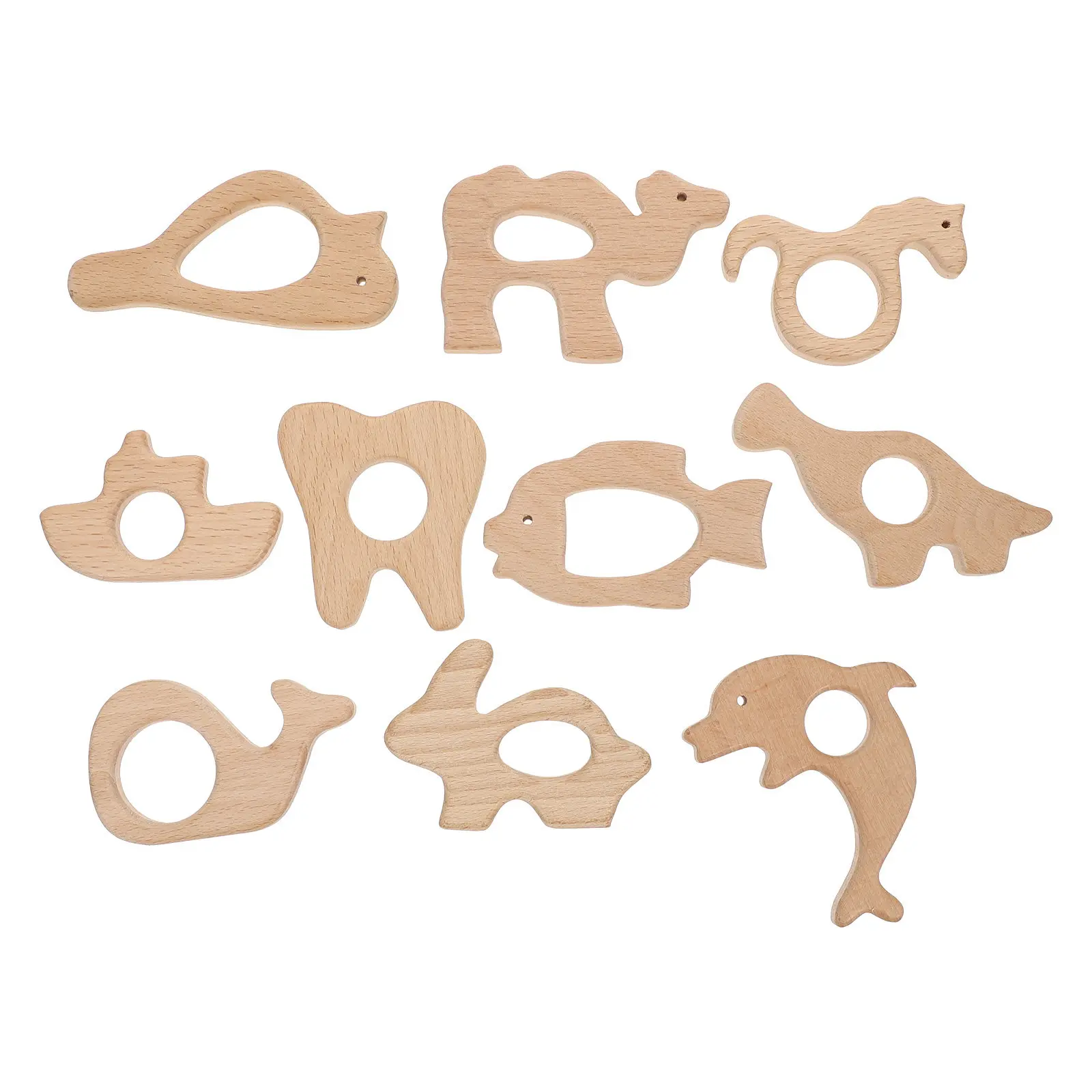 Lot de 10 anneaux de dentition pour bébés en bois de hêtre lisse, outil de soulagement des molaires pour la période de dentition, jouet à mâcher en forme d'animal mignon