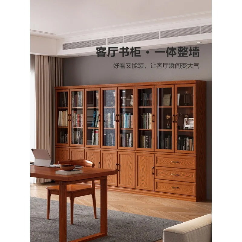 

Bookcase integrated whole wall American solid wood with glass door living room home two-door display cabinet locker floor-to-cei