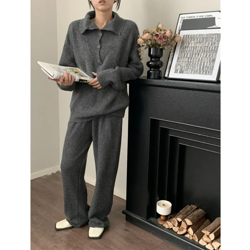 Autumn Winter Knitted Pants Sets Korean Casual Turn Down Collar Knitting Sweater+high Waist Wide Leg Pants Sets Women Tracksuits