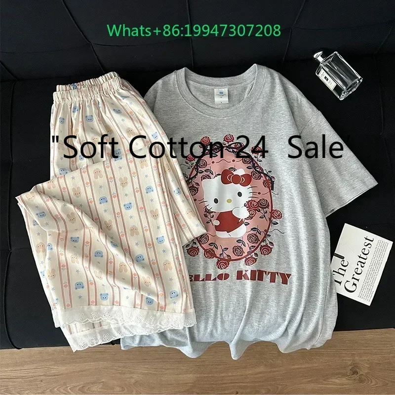 

New sweet Hello Kitty women's pajamas gray cotton two-piece set short-sleeved trousers loose casual Hello Kitty loungewear
