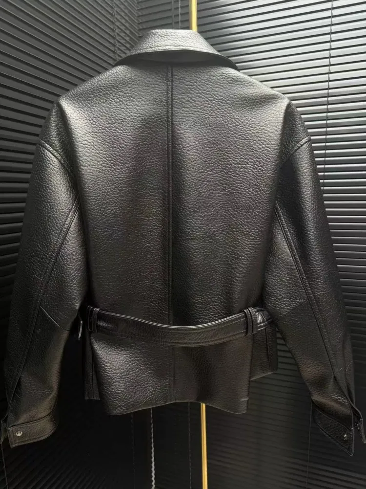 디자이너 여성 빈티지 천연 가죽 재킷 하이 스트리트 턴다운 칼라 싱글 브레스티드 허리띠 펑크 양가죽 모터사이클 코트