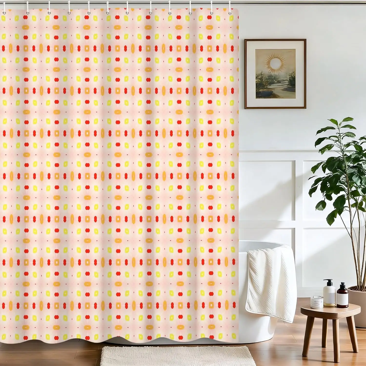 Waterproof Shower Curtain for Bathroom Cute Dot Pattern Pink Yellow Abstract Modern Pop Art Style Bath Curtain  Privacy Screen T