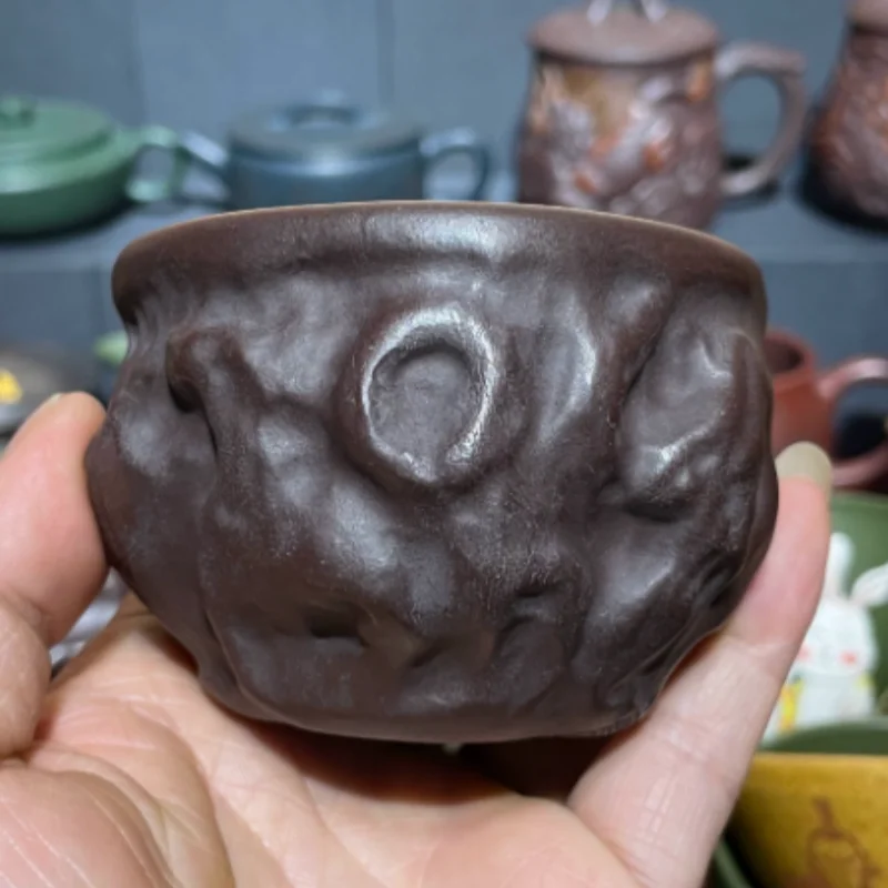 Traditional Chinese Zisha Tea Cup - Hand Carved Taihu Rock Pattern, Creative Tea Room Tabletop Accessory 120cc