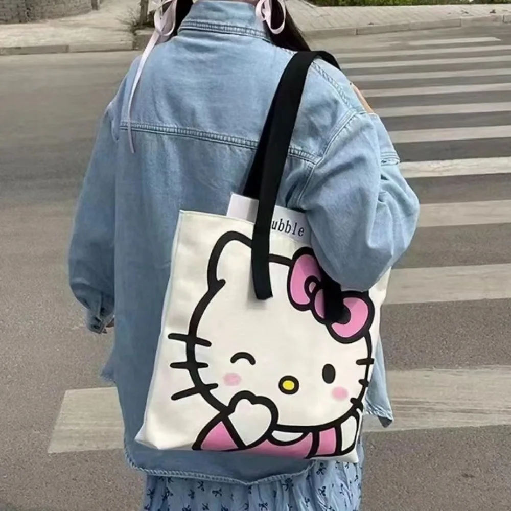  Hello Kitty Shoulder Bag Cute Pink Canvas Printed Handbag Cartoon Fashion Y2k Student Large Capacity Commuter Tote Bag