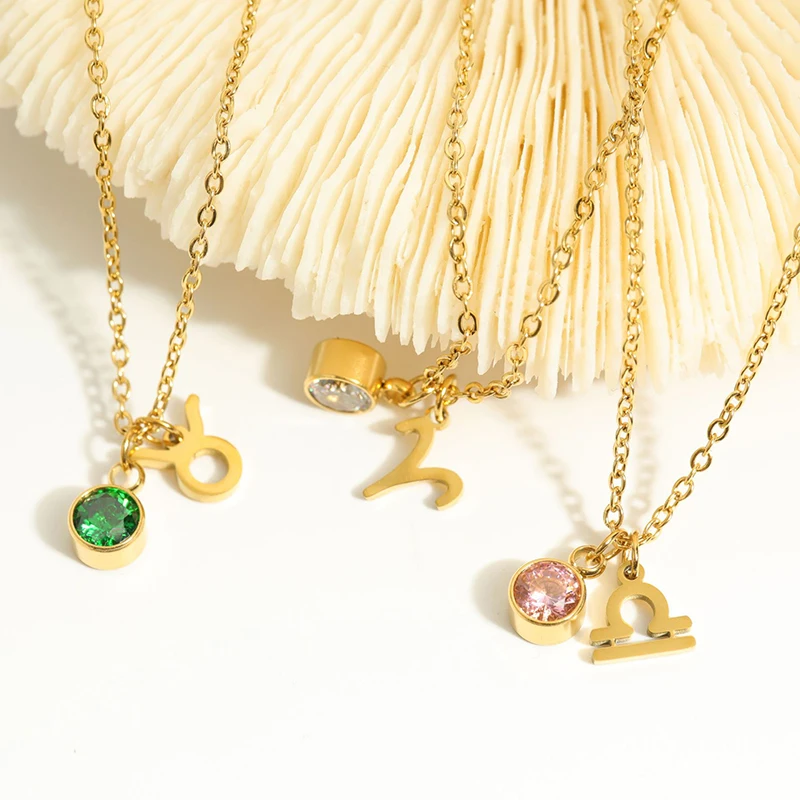 12 Zodiac Sign Birthstones Pendant Necklaces For Women 18K Gold Plated Stainless Steel Horoscope Collar Waterproof Jewelry Gift