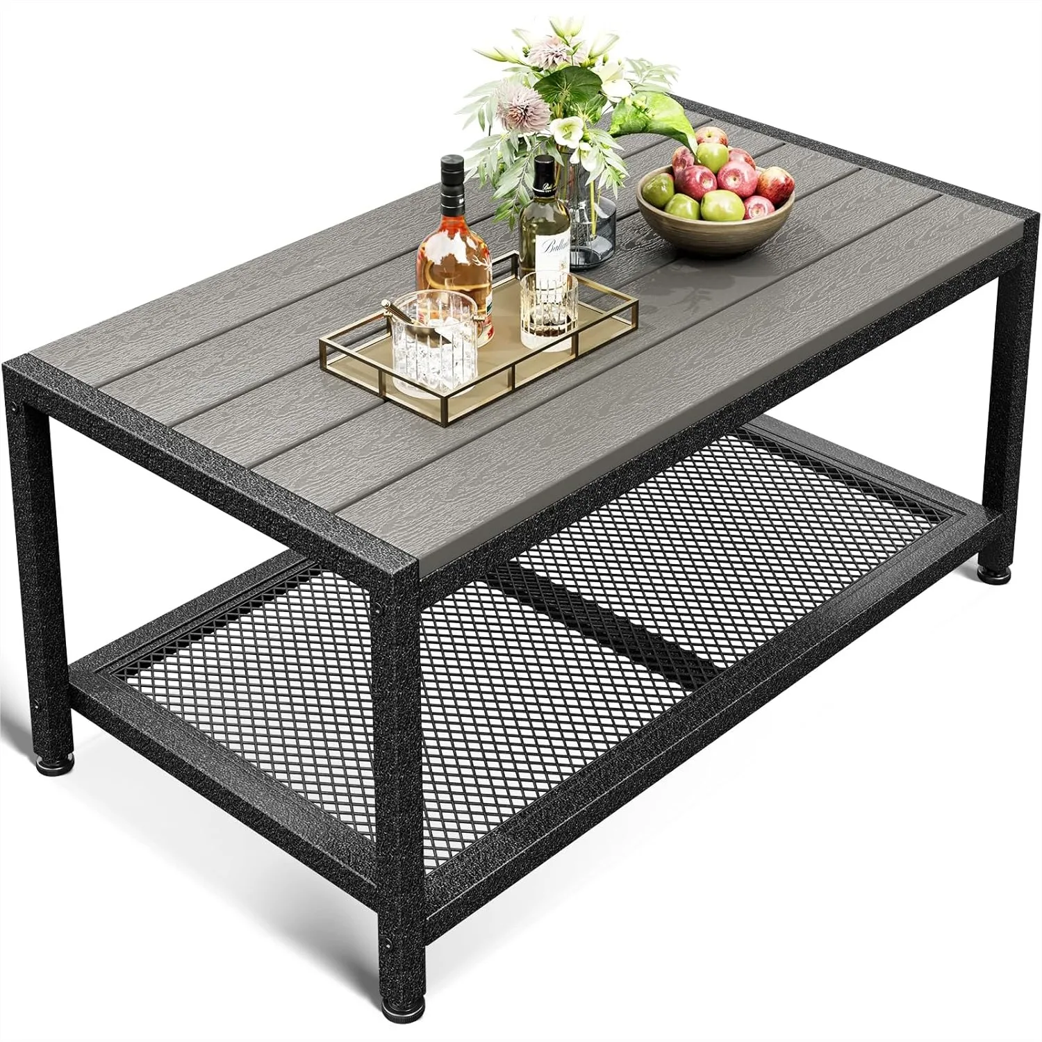

Outdoor Coffee Table with Double-Layer Storage, Weather-Resistant Patio Table for Garden, Balcony, Heavy-Duty Metal Frame