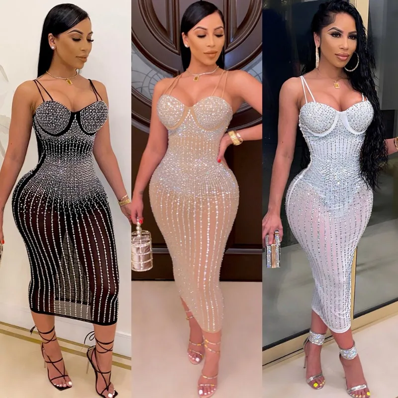 Sexy ver através de strass vestido feminino noite boate festa cinta espaguete sem alças brilhante bodycon midi vestidos aniversário