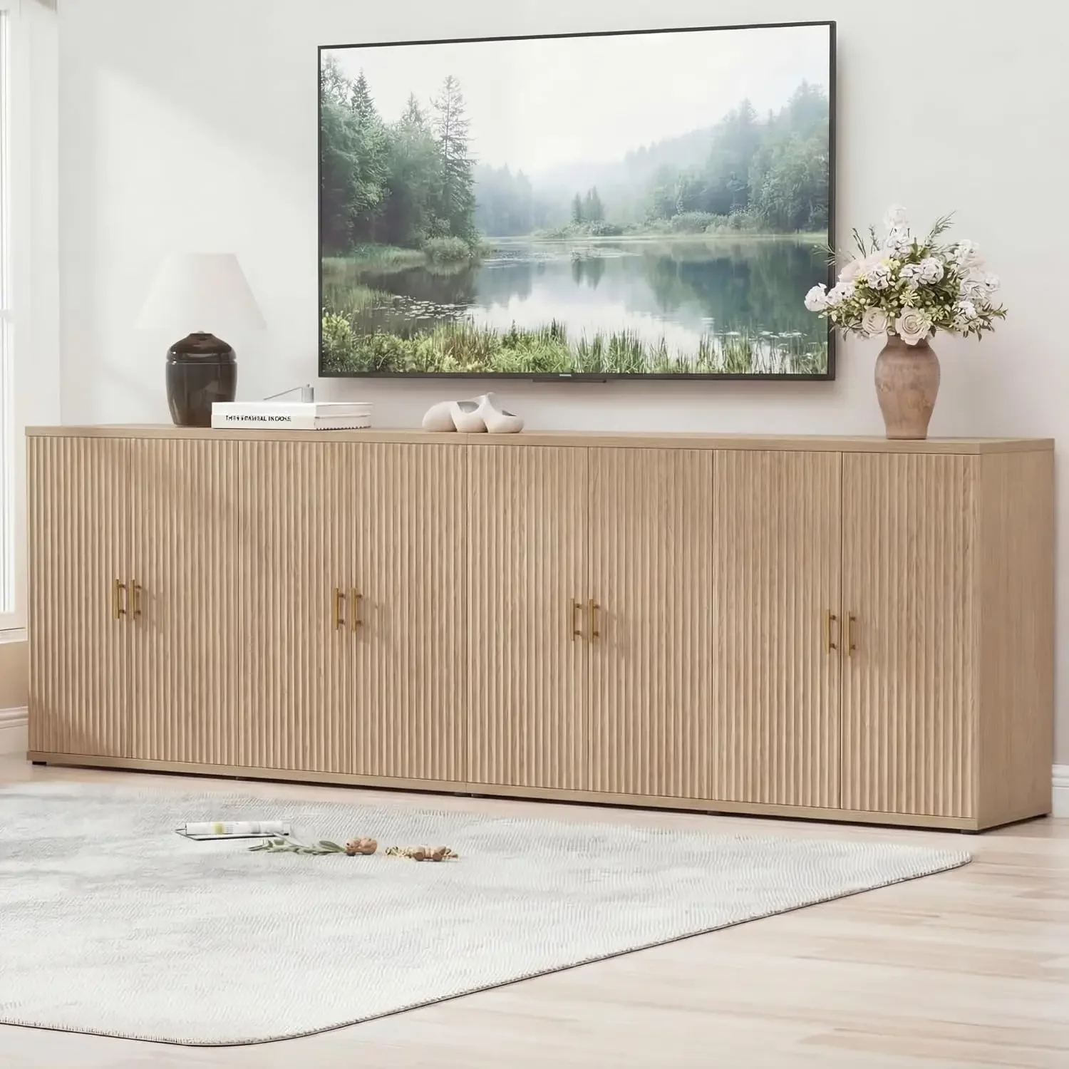 Oak Fluted Tv Stand For 85 98 100 Plus Inch Tv Entertainment Center With Storage Two Piece Modular Media Console Eight Doors Adj