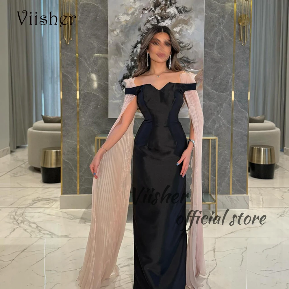 

Viisher Black Mermaid Evening Dresses Off Shoulder Arabian Dubai Formal Prom Dress with Cape Long Wedding Party Gowns