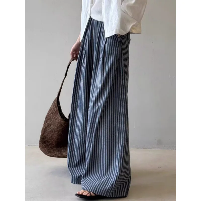 Women Striped Wide Leg Pants Straight Trousers Full Lenth High Elastic Waist Slight Strech Loose Office Lady Casual 2026 Summer