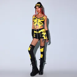 Women  Rave Drag Queen Costume Jazz Dance Cosutme Kpop Festival Outfit Yellow Black Tops Pants Nightclub Bar Dj Performance Suit