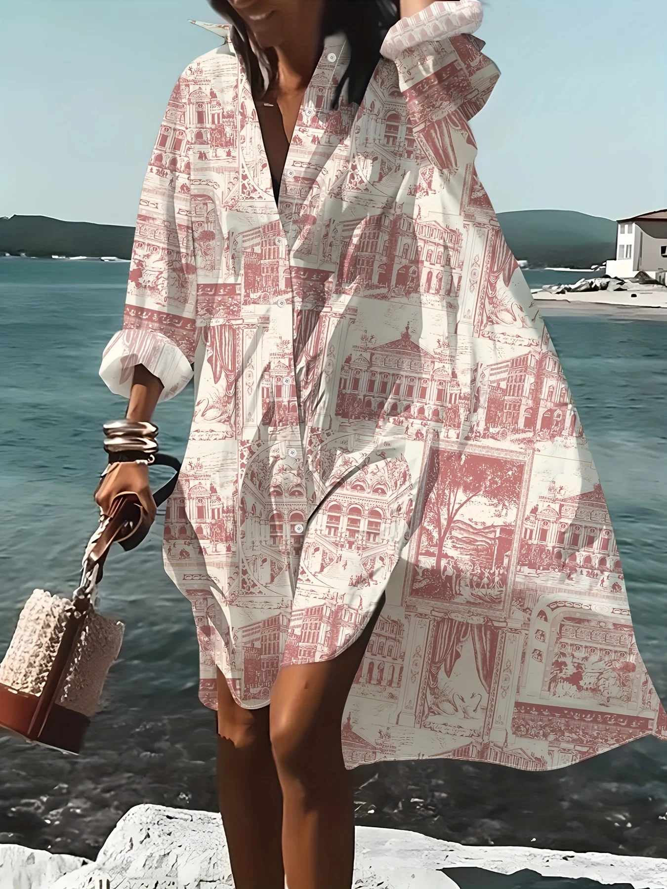 Damen Langarm-Hemdkleid im Urlaubsstil mit Rosa-Weißem Architektur-Print, Lässiges Sommerkleid, Locker Sitzend, Modisches Oberteil
