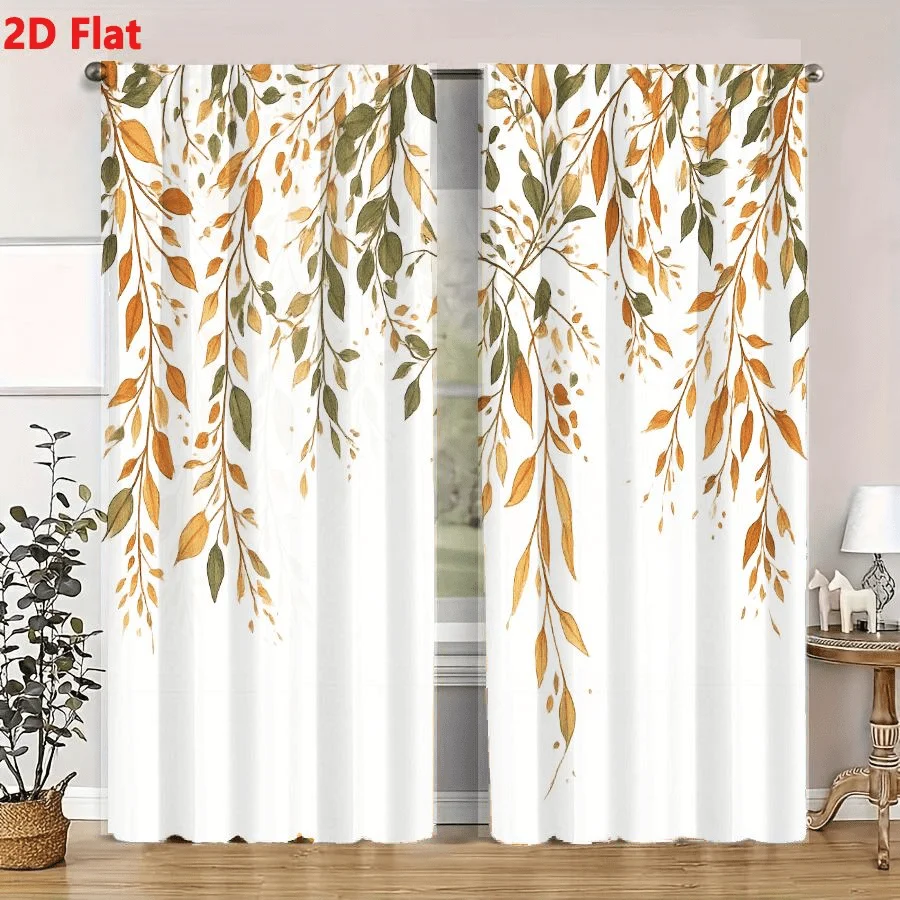 Autumn Watercolor Leaf Branch Orange Curtains, Rod Pocket, Polyester, Home Decor, Bedroom Living Room, Botanical Decor