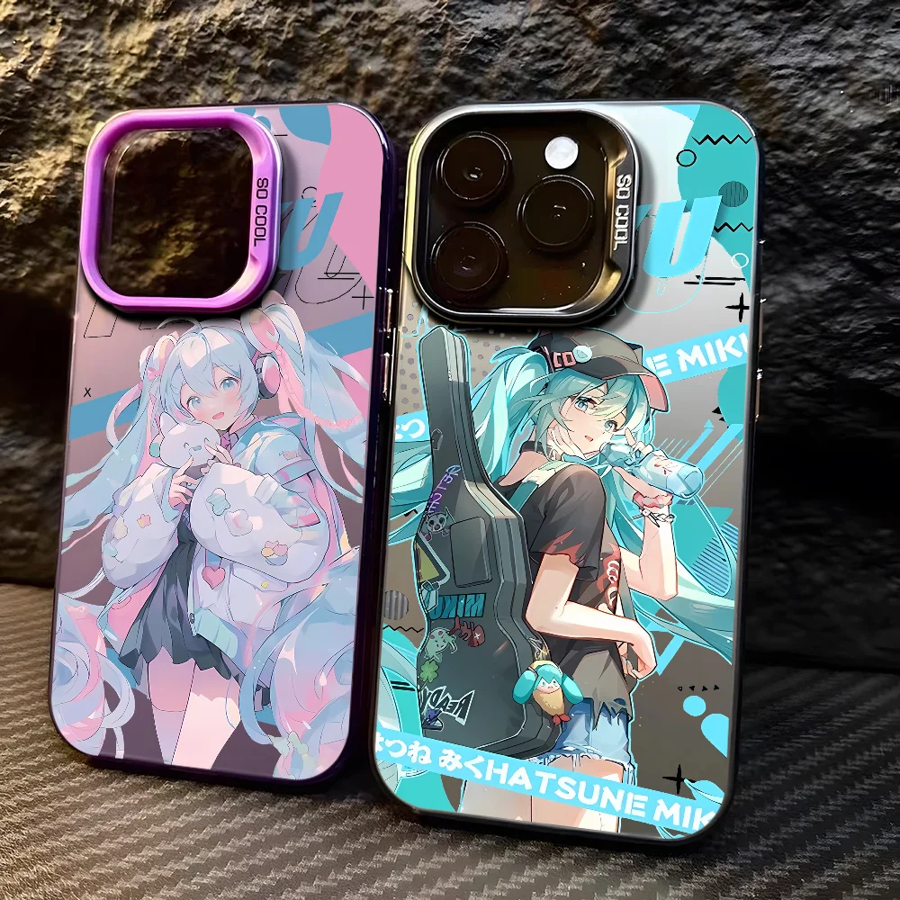Bilibili Cartoon süße H-Hatsune Mikues Handyhülle FUNDA für iPhone 12 11 13 14 15 16 Max Pro Plus Mini Silber LMDaser Farbe