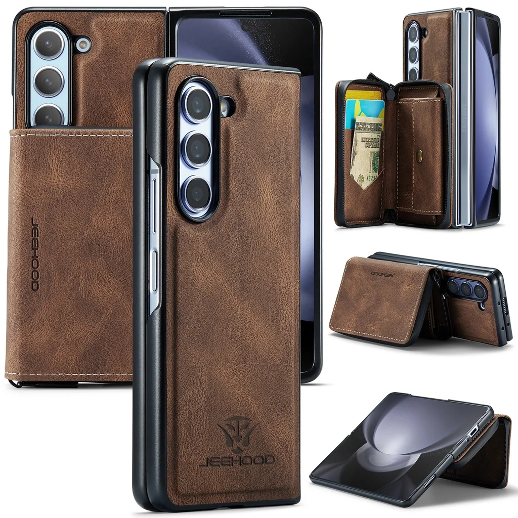 Detachable Zipper Wallet Leather Case for Samsung Galaxy Z Fold 5 Fold5 5G Strong Magnetic Card Holder Stand Flip Phone Cover