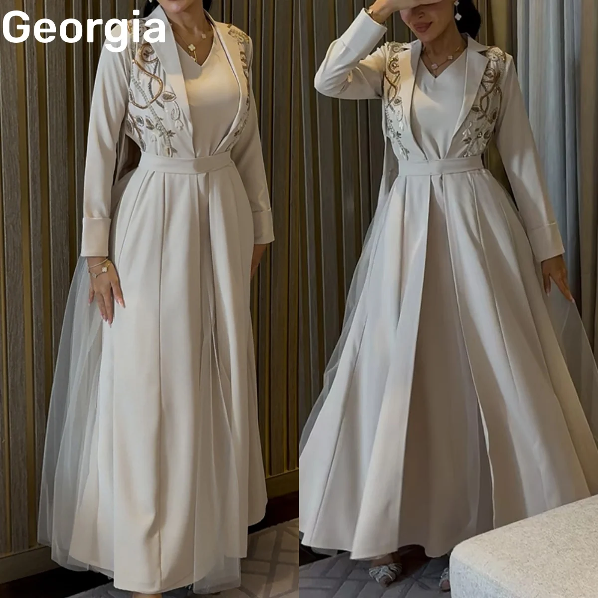 

Dubai Wedding Party Dress Customize V-Neck A-Line Beadings Dress Women Elegant Luxury Floor-Length Zipper Up Long Sleeves Dresse