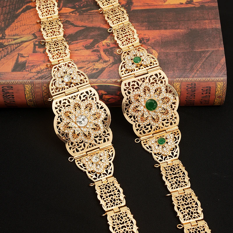 Arabic Trendy Gold Color Women Belt Chain Crystal Metal Waistband Morocco Wedding Caftan Wedding Jewelry Set Bride Accessories