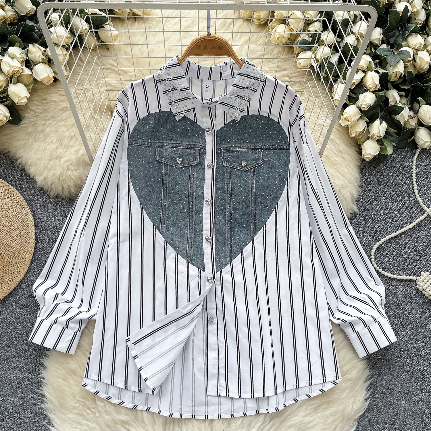 

Basics Long Sleeve Polo-neck Vintage Cowboy Rhinestone Striped Loose Single Breasted Streetwear High Street Spring Autumn Blouse