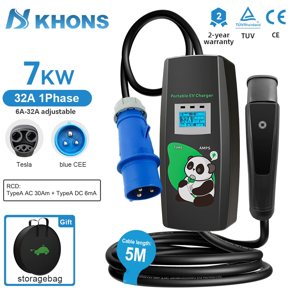 

Khons 7kw EV Charger 32A 1Phase Portable EV Charger With TS-NACS Charger Plug Compatible For All Tesla Cars