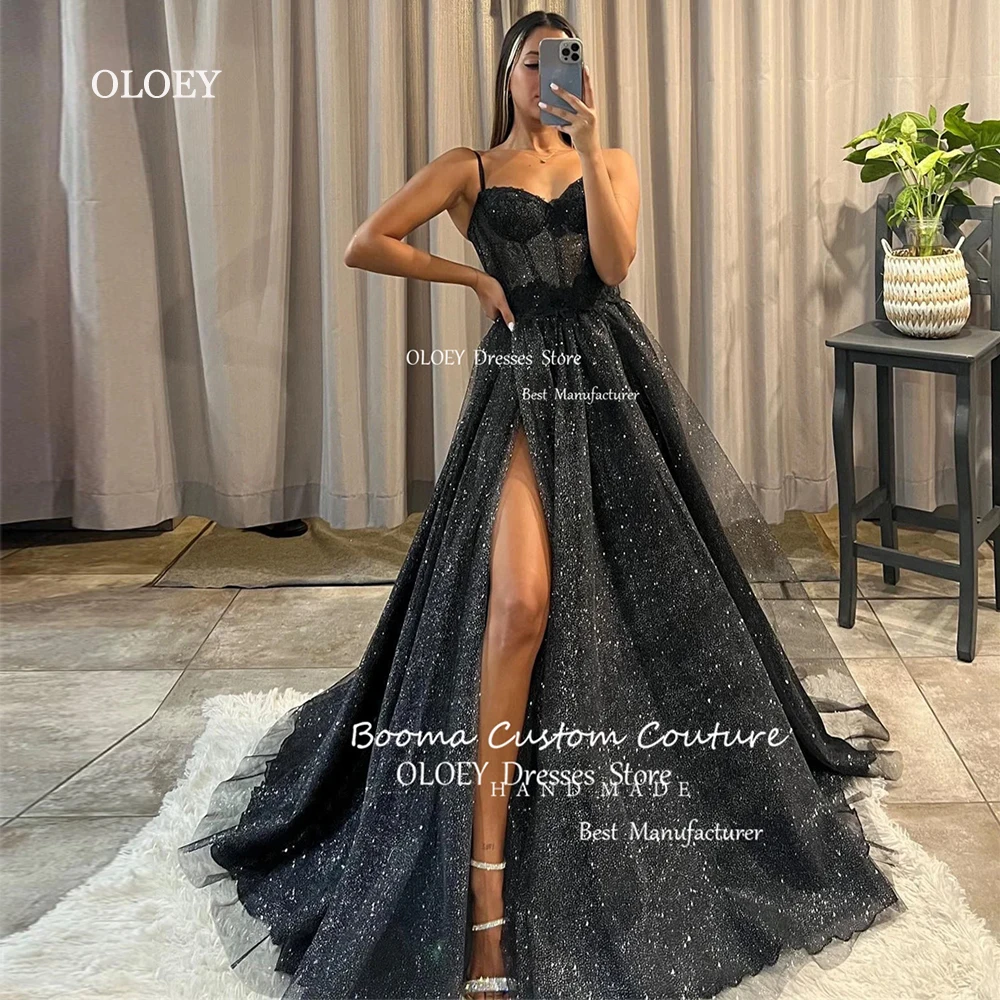 

OLOEY Glitter Black Tulle Long Prom Dresses Spaghetti Straps Applique High Split Sparkly Evening Gown Formal Party Occasion Gown