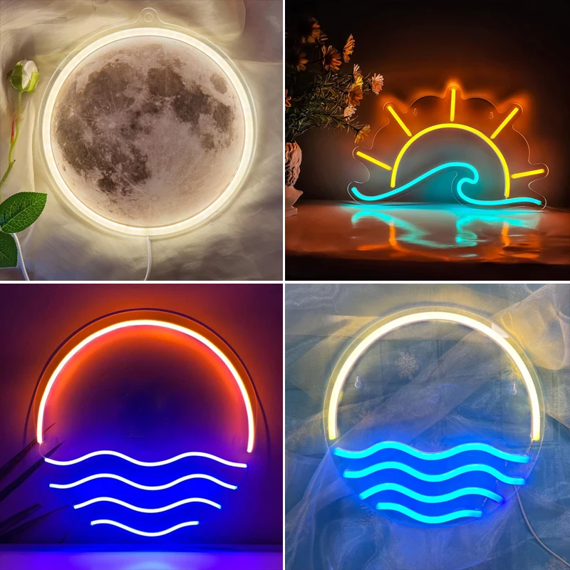 Sunrise Sunset Moon Neon LED Glow Pattern Wall Decoration for Bedroom Living Room Kitchen Party Background Decoration