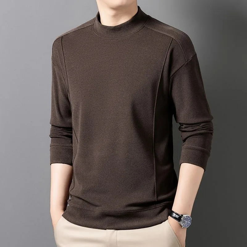 Autumn Winter Men's New Long-sleeved T-shirt Warm German Velvet Pullover Sweatshirt Bottom Solid Color Top