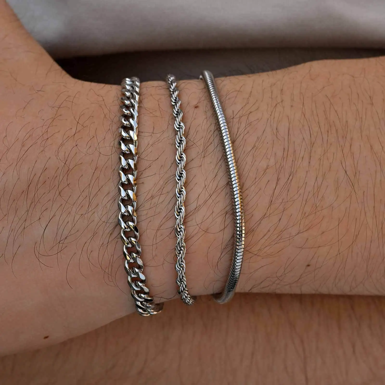 3pcs/set Cuban Chain Bracelet for Men,Classic Stainless Steel Stacked Bracelet,Punk Basic Chains Jewelry Gifts